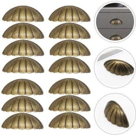 14-Piece Shell Handle Set, Brass Shell-Shaped Door Knob, Retro Furniture Handles for Cabinet Doors and Kitchen Doors