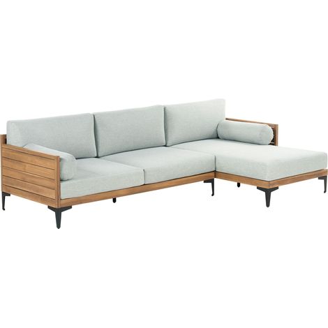 4-Sitzer Gartensofa Hellbraun Akazienholz Linksseitig mit Grauen Kissen Modern Terrasse Outdoor Ecksofa Loungesofa Sofa mit Chaiselongue