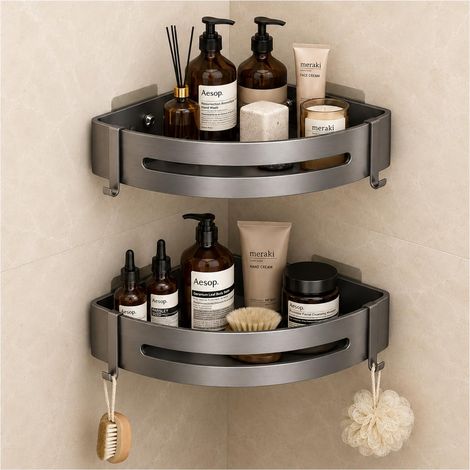 Étagères d’angle lot de 2 en aluminium 30 x 21,5 x 3,5 cm avec 2 crochets adhésives ou à visser pour cabine de douche (1/5)