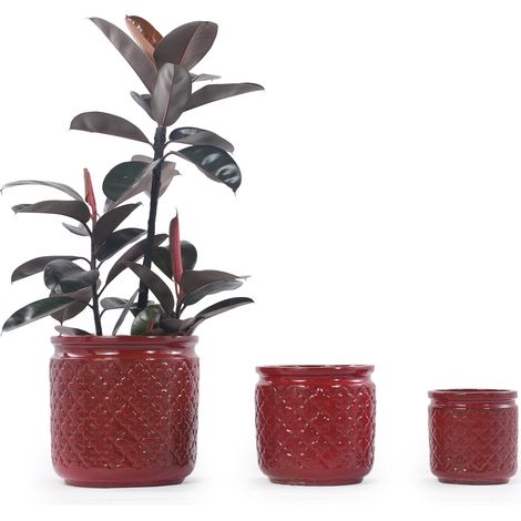 ELVMI Set di Vasi in Ceramica con Fori di Drenaggio, Resistenti al Gelo per Balcone e Giardino, Rosso Vino Lucido (1/5)