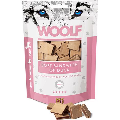 Friandises pour chiens Woolf Sandwich Canard Mini Moyen Maxi race 100g