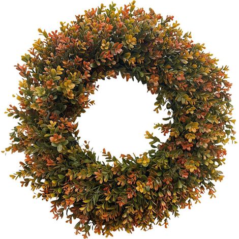 Couronne d'automne en buis artificiel de 50 cm (20 pouces) pour porte d'entrée, porche, fenêtre, style champêtre, décoration automnale, 50 cm, jaune. Couleurs : orange et vert. Idéale pour la maison, (1/5)