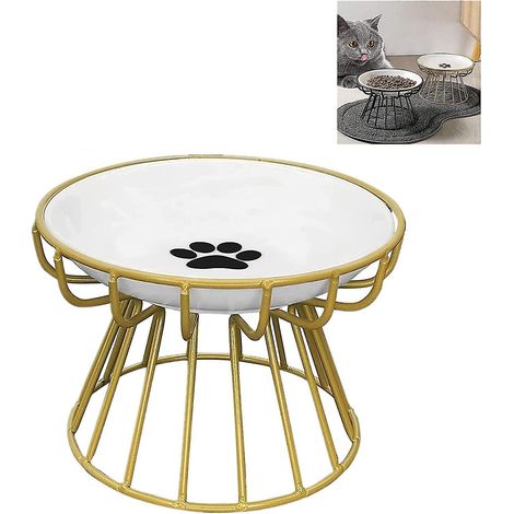 Anti-Erbrechen-Katzennapf, schnurrhaarfreundlich, erhöhter Keramiknapf mit Metallständer, flacher Keramiknapf für Wasser und Futter, Pfotenabdruck-Design, goldfarben