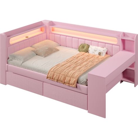Gepolstertes  Tagesbett mit USB-Anschlüssen und LED-Gürtel, mit Ausziehbett und Schreibtisch