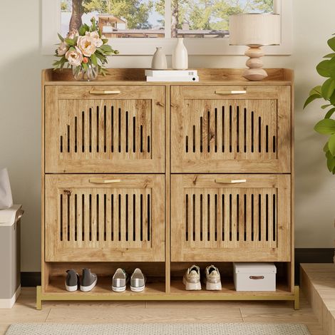 Meuble à chaussures en MDF décor bois 108,5x24x100 cm, 4 portes à lattes ajourées et tablette supérieure (1/5)