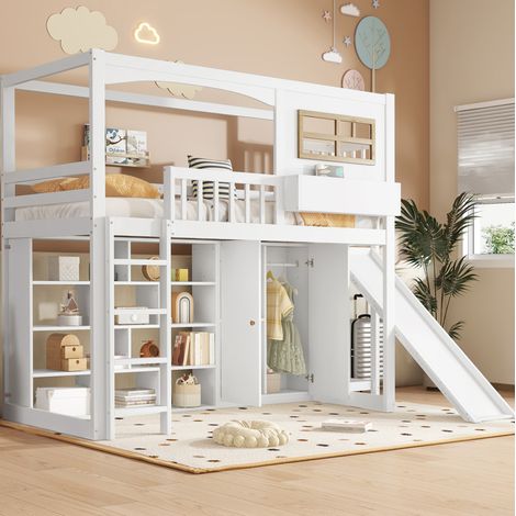 DESVIAE Lit superposé enfant avec toboggan garde corps étagères armoire échelle à quatre marches rangement et espace d étude bois massif MDF contreplaqué blanc 90x200 cm (1/5)