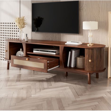 Mobile TV 165x37x46 cm noce in MDF con rattan, ante scorrevoli e cassetti (1/5)