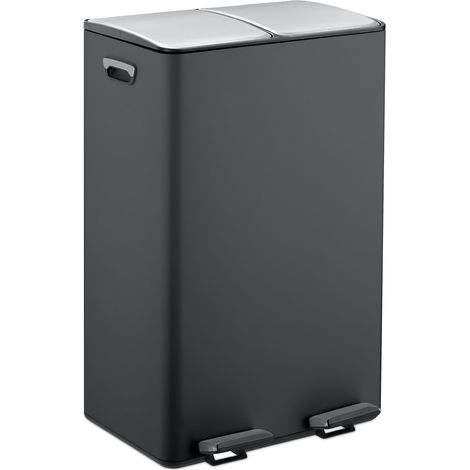 Relaxdays Mülleimer, 2 Fächer, je 30 l, entnehmbare Inneneimer, Fußpedal, Küche, Tretmülleimer, Eisen, schwarz/silber