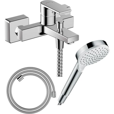 HANSGROHE Pack mezclador mecánico de baño Vernis Shape C2 + Designflex flexible + rociador Vernis Blend 100 EcoSmart 1jet cromado