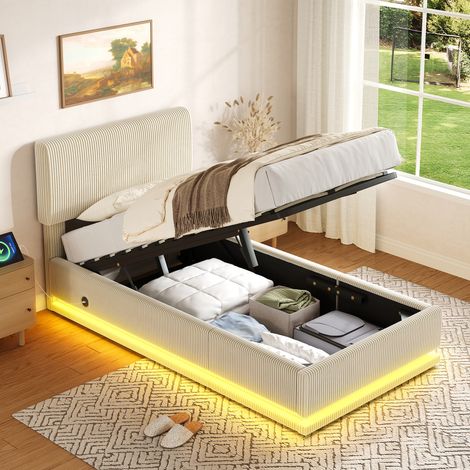 Letto imbottito in velluto a coste beige 90x200 cm con LED, USB-C, testiera regolabile e rete a doghe