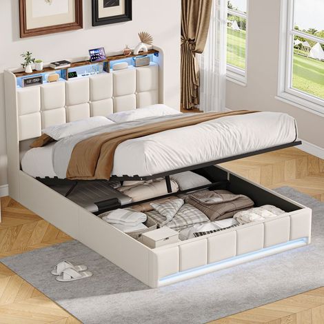 Cama doble 140x200 cm - Lin beige capitoné - Cofre de almacenamiento hidráulico - LED RGB - USB/Type-C