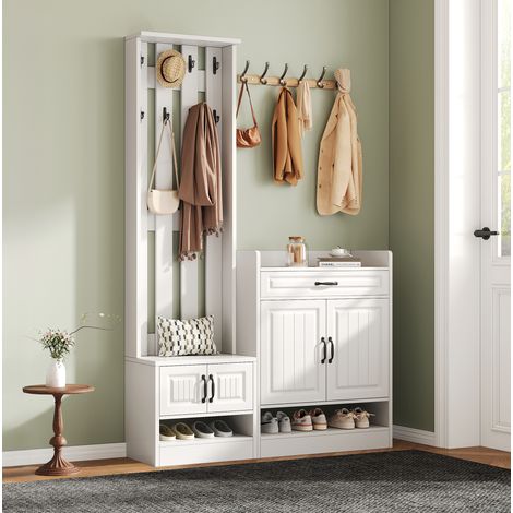 Ensemble de vestiaire d'entrée 125x36x190 cm blanc en panneau de particules avec banc, rangement à chaussures et anti-basculement (1/5)
