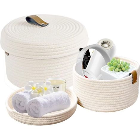 Set di due cesti portaoggetti in corda di cotone intrecciata con coperchio e manico in pelle per giocattoli e biancheria - Crezuo