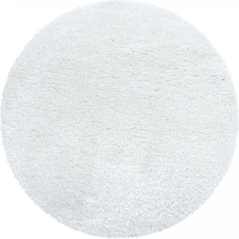 Tapis longs poils shaggy Ø120cm blanc tissé rond motif uni UNI A