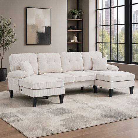 Divano a U 4 posti in corda beige 250 cm con doppia chaise longue e porte USB/Type-C (1/5)