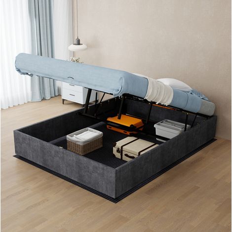 Bettgestell Stoff & Metall Grau 140x200 cm, modernes Plattformbett ohne Kopfteil (1/5)