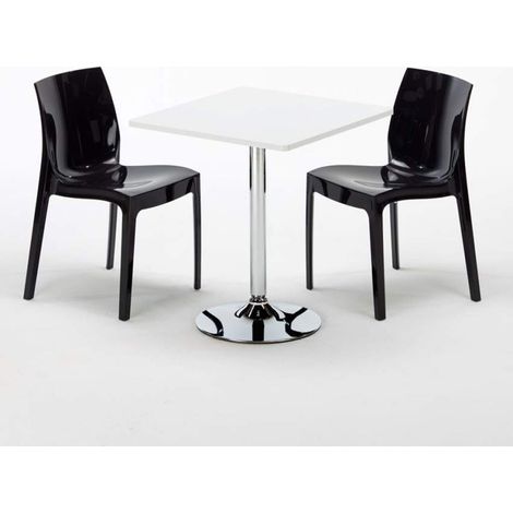 Tavolino Quadrato Bianco 70x70 cm con Base in Acciaio e 2 Sedie Colorate Ice Cocktail - Nero (1/5)