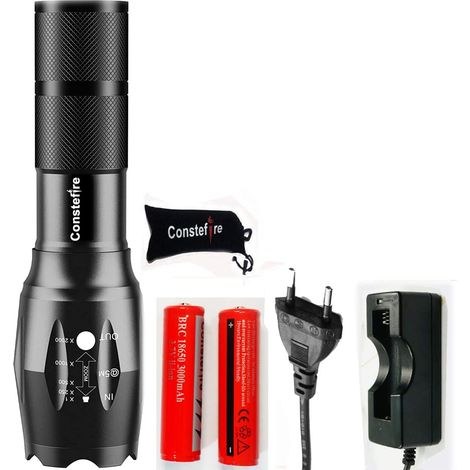 Lampe de poche torche led puissante rechargeable18650 - LED Tactical Flashlight Zoomable - Avec 2 piles rechargeables 18650 de 3,7 V pour vélo, randonnée, camping, urgence (1/5)