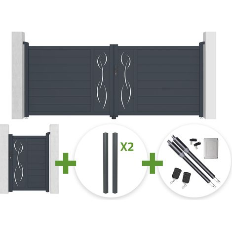 Portail battant 3,5m LIFE H.140cm gris + Portillon 1m LIFE H.140cm + 4 poteaux ELDA + motorisation Ranger B150 (1/5)