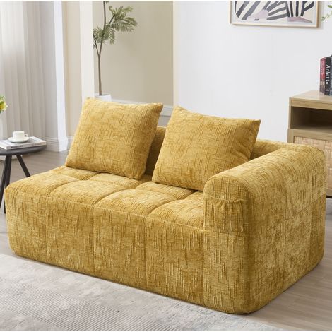 Canapé 2 places en chenille jaune 158 x 90 x 60 cm style chaise longue avec poches latérales (1/5)