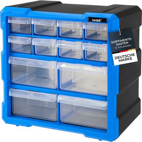 HMF Sortierbox für Kleinteile mit 12 Schubladen, Sortimentskasten für Schrauben und Werkzeug, 24 Fächer, 26,5 x 26,5 x 16 cm, Blau-Schwarz