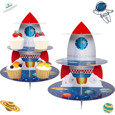 Présentoir à cupcakes spatial (lot de 2), tour à desserts en carton à 3 étages sur le thème des fusées spatiales, idéale pour les fêtes d'enfants (garçons et filles), thème galaxie et système solaire, (1/5)