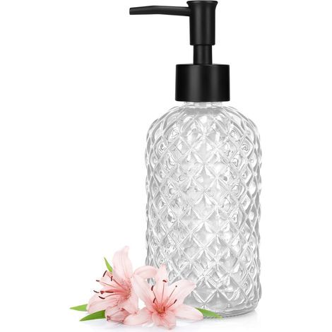 Glass soap dispenser with black plastic pump, liquid hand soap dispenser, rust-resistant pump for kitchen and bathroom, ideal for lotions and oils (1/5)