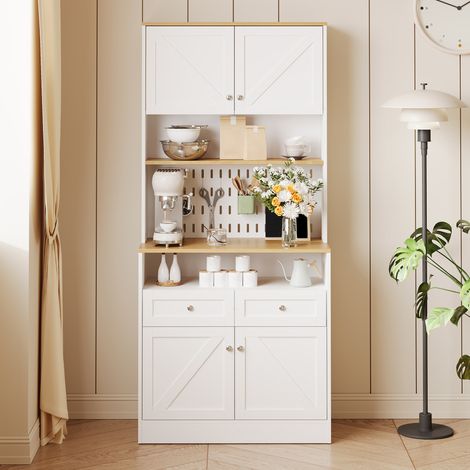 Buffet de salon 80x40x175 cm avec portes style grange, panneau perforé et tiroirs, blanc et naturel (1/5)