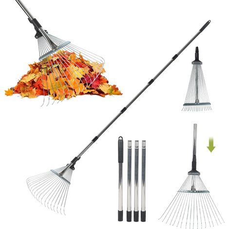 Râteau à feuilles avec manche - 44 à 214 cm - Râteau réglable avec 18 dents - En acier inoxydable - Râteau de jardin télescopique - Pour feuilles, cour, arbustes, parterres de fleurs (1/5)
