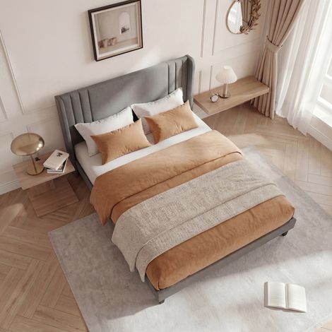 Bett 160x200 cm - Doppelbett 160x200 - Bettgestell 160 mit Lattenrost - Stabil und einfach zu montieren - aus grauem Leinen (1/5)