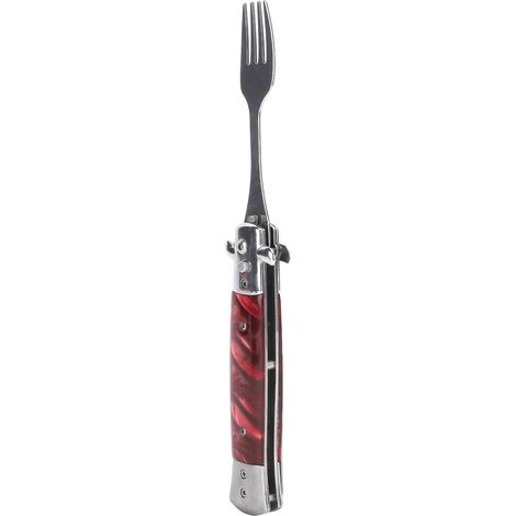Fourche de camping pliante à ressort, ouverture en un clic, fourchette de poche automatique à ressort en acier inoxydable 304, rouge. (1/5)
