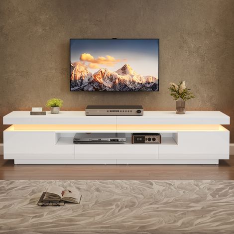 Meuble TV 175 x 38 x 45 cm avec LED, 2 placards et 1 tiroir, blanc DESVIAE (1/5)