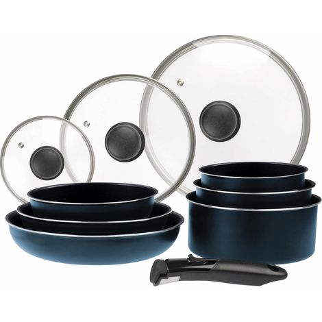 Batterie de cuisine 10 pcs Aluminium bleu métal mat : manche amovible, 3 Poêles Ø20,24,28 cm, 3 Casseroles Ø16,18,20 cm, 3 Couvercles Verre Ø16,20,24 cm, tous feux dont induction
