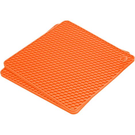 Lot de 2 dessous de plat carrés en silicone orange, résistants à la chaleur, antidérapants, pour casseroles, poêles et séchage sur plan de travail ou table de cuisine (1/5)