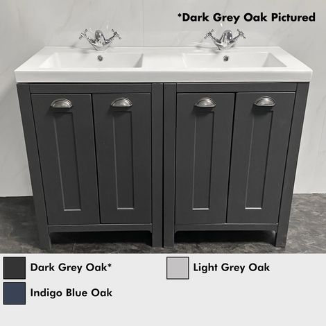 Double Vanity Basin His and Hers Twin Sink Bathroom Ceramic Modern Square Style, Light Grey Oak-With Tap & Waste Pair