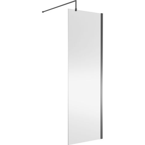 Nuie Wet Room Screen 1850mm High x 700mm Wide with Support Bar 8mm Glass - Brushed Pewter (1/5)