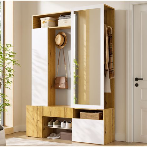 Mobile ingresso con specchio e scarpiera in MDF bianco e finitura legno chiaro, guardaroba con asta appendiabiti, ganci e vani portaoggetti – FLORAGRACE (1/5)