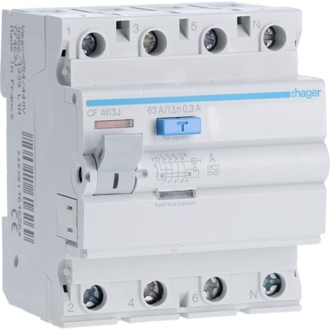 Cf463j Hager - Interrupteur Différentiel 4p 63a 300ma - Type A - Auxiliarisable - Entrée Haute / Sortie Basse