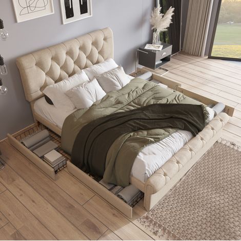 DESVIAE Lit double rembourré 140 x 200 cm avec 4 tiroirs sommier à lattes tête de lit réglable en hauteur style Chesterfield naturel matelas à ressorts ensachés 620 ressorts (1/5)