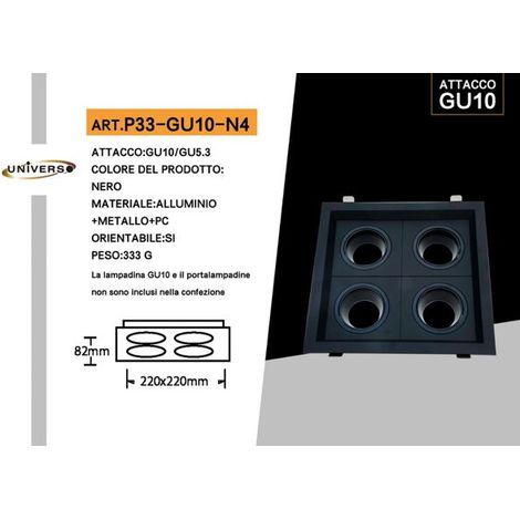 PORTAFARETTO GU10 ORIENTABILE NERO MODERNO SALVASPAZIO EMISSIONI UNIVERSO 220V QUADRUPLO