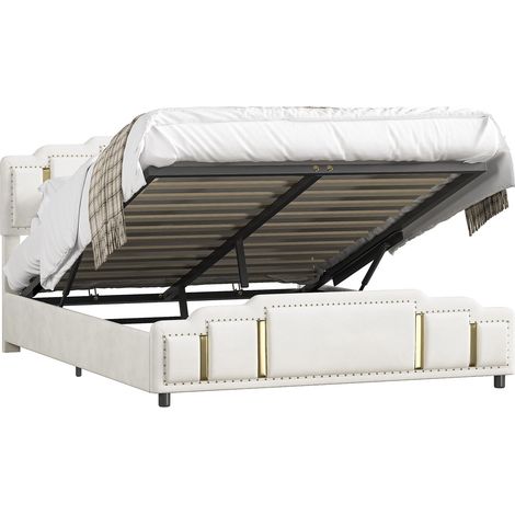 Letto contenitore idraulico 160 x 200 cm in velluto beige con LED e dettagli dorati MODENUIT (1/5)