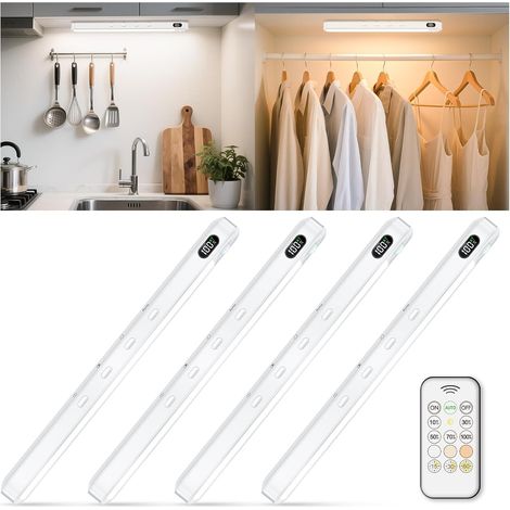 Lampe de Placard Détecteur de Mouvement avec Télécommande,3 Couleurs Éclairage Dimmable Sans Fil UBC-C Rechargeable,Affichage du Niveau de Batterie pour Cuisine Escalier Couloir Blanc