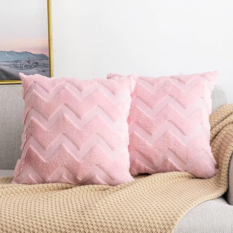 Housse de coussin 2 pièces en imitation laine et velours, taie d'oreiller douce et moelleuse à motif vagues, rose, 45 x 45 cm (1/4)