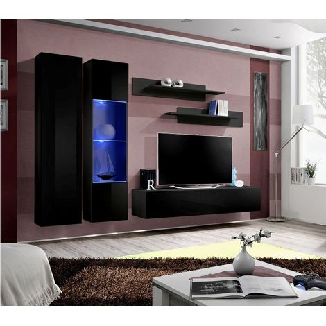 Ensemble meuble TV mural  - Fly V - 260 cm x 190 cm x 40 cm - Noir - Livraison gratuite