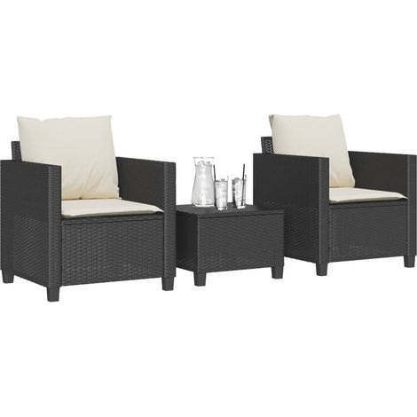 3-tlg. Bistro-Set mit Kissen Schwarz Poly Rattan