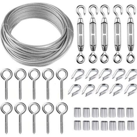 30M Corde en Acier Inoxydable à Suspendre Kit,Kit Cable Métallique,2mm Cable en Acier Inoxydable Revêtu,avec M5 Tendeur Cable et Crochets à Oeil,pour Plantes Grimpante,Rambarde,Corde a linge,-- (1/5)