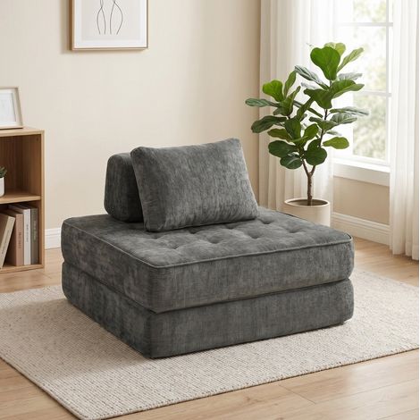 2-in-1 Klappbett-Sessel aus grauem Chenille 97 x 97 x 70 cm HAVRYA (1/4)