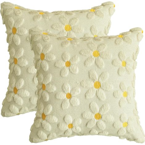 Lot de 2 housses de coussin décoratives jacquard en fourrure synthétique avec marguerites beiges, 45 x 45 cm (1/5)