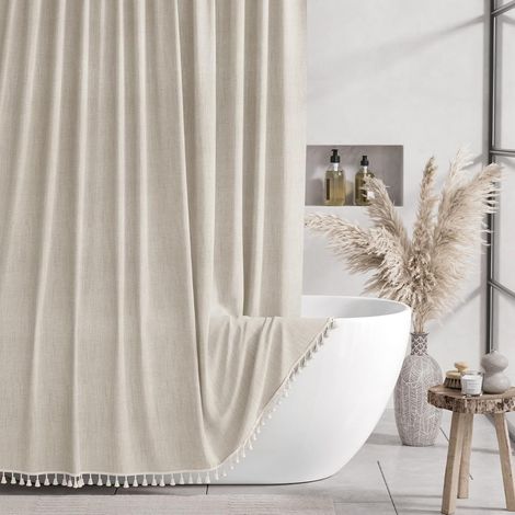 Rideau de douche minimaliste de style nordique, en tissu épais aspect lin, imperméable et résistant à la moisissure, 183183 cm, beige. (1/5)