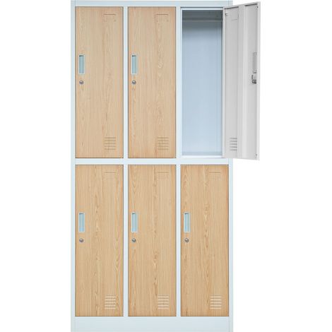 Jan Nowak Armadietto spogliatoio Armadio metallico con 6 Scomparti Fessure di ventilazione Rivestimento in polvere 185 cm x 90 cm x 45 cm (Bianco-Aspetto Legno) (1/5)